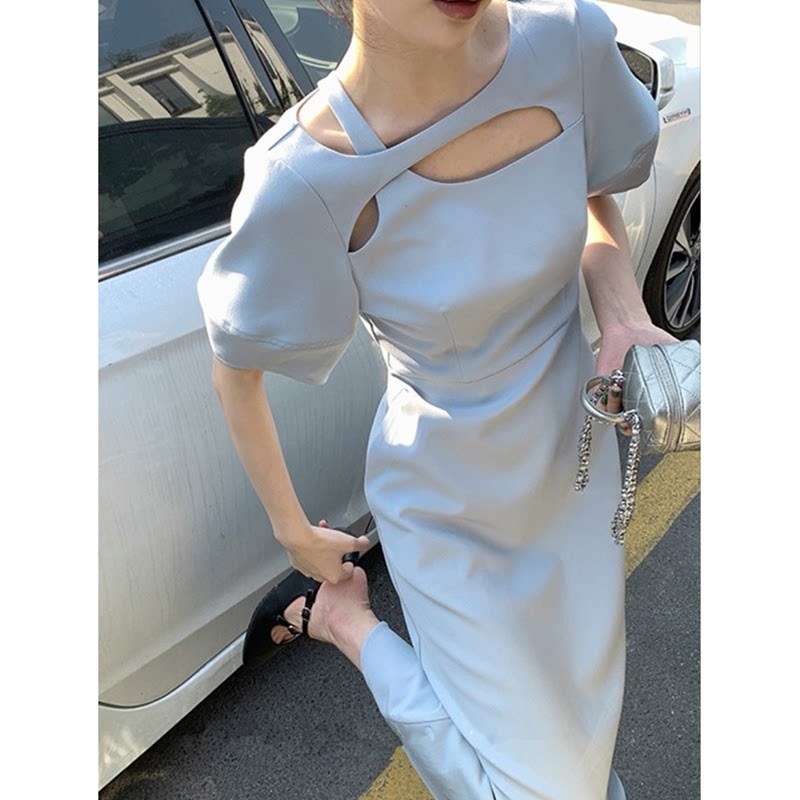 大码心机高级版短袖连衣裙女夏季新款胖mm法式镂空显瘦a字长裙子