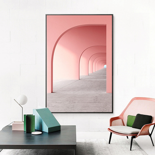 粉色长廊 现代建筑装饰画简约摄影壁画客厅O玄关过道走廊挂画竖版