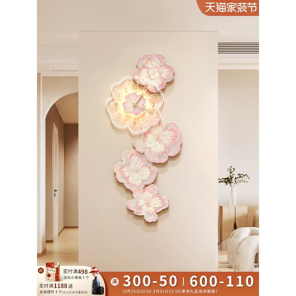 牡丹花电视背景墙发光客厅装饰画高级感带钟表玄关入户正对门挂画