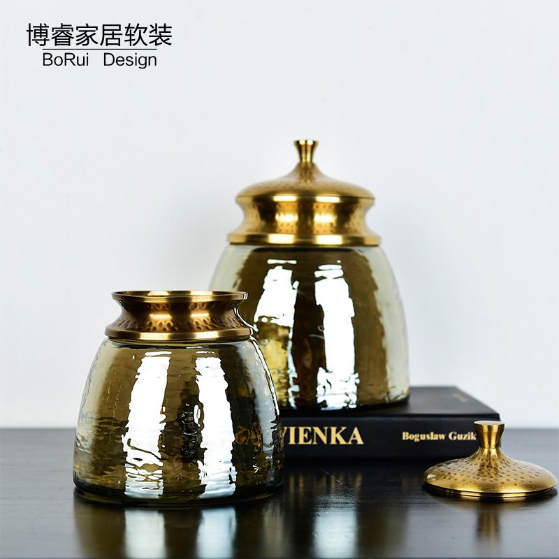 欧式轻奢收纳罐子铜质玻璃罐子样板间摆件装饰品收纳咖啡豆储物罐