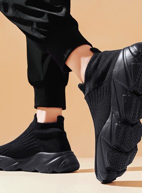 潮黑色男鞋夏季透气网面飞织运动休闲厚底一脚蹬大码帆布X鞋男454