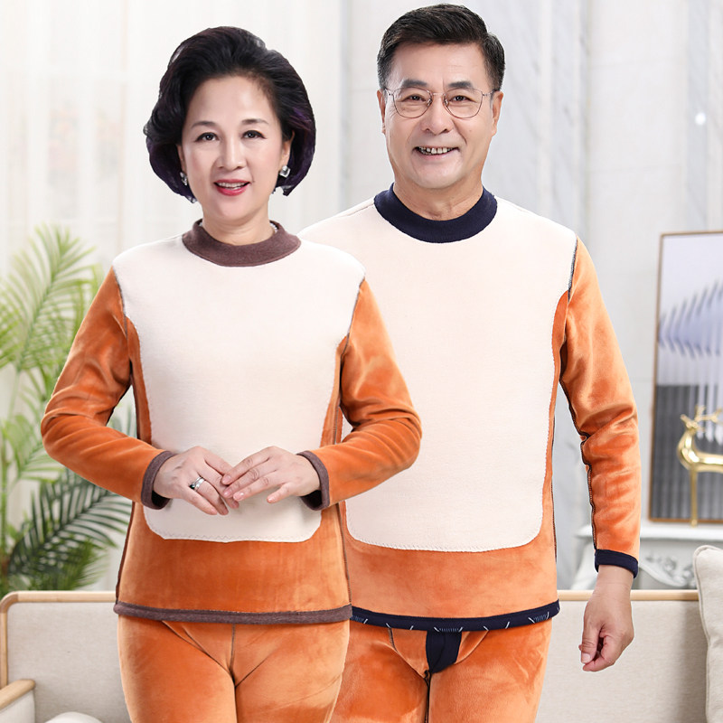 中老年保暖衣女加厚加绒套装秋衣男内穿老人O内衣爸爸妈妈纯棉防