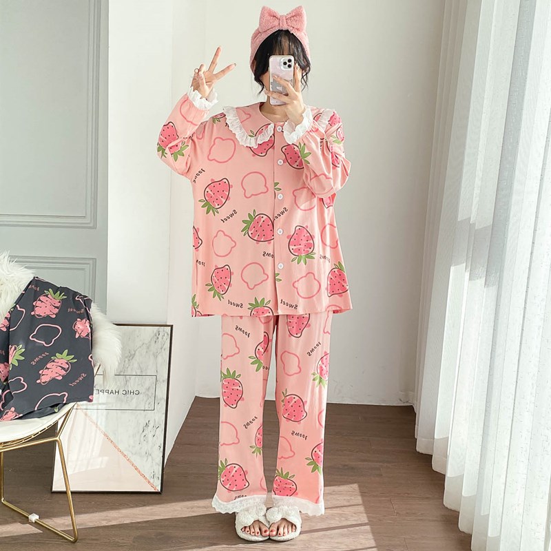 纯棉卡通公主风花开衫睡衣女长袖长裤加大码胖mm200斤宽松家居服