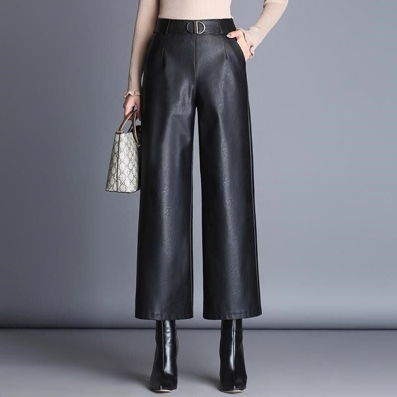 九分阔腿裤女宽松皮裤2024秋冬高腰大码显瘦小个子休闲窄版直筒裤