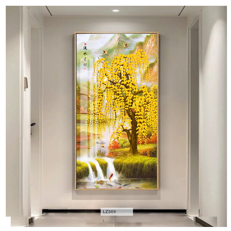 新中式发财树f入户玄关装饰画富贵生财金树走廊过道壁画镶钻晶瓷