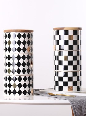 北欧创意几何图案三层陶瓷密封罐杂粮咖啡茶叶收纳储物罐