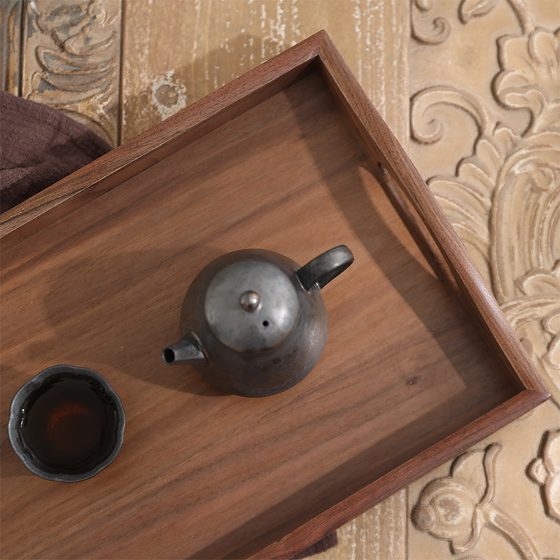 高档欧式黑胡桃木制托盘长方形手提家用J茶盘茶杯水杯托盘水果餐