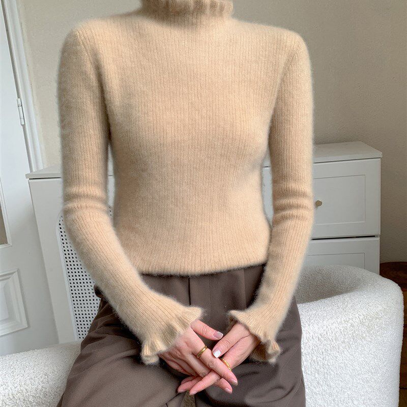 半高领山羊绒衫针织毛衣女木耳领坑条长袖上衣修身显瘦打底羊毛衫
