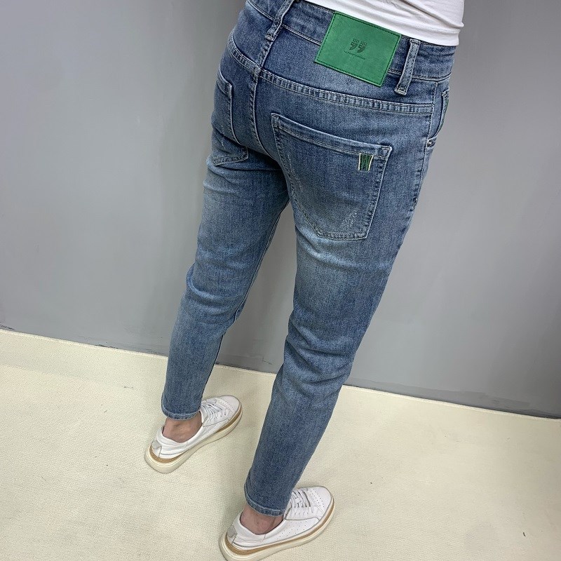 九分牛仔裤男夏季薄款修身百搭水洗蓝色潮流印花弹力男士新款裤子