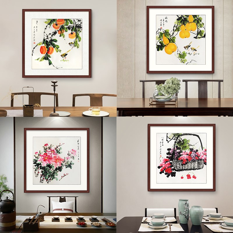 事事如意新中式客厅三联挂画葫芦卧室餐厅玄关牡丹手绘花鸟装饰画