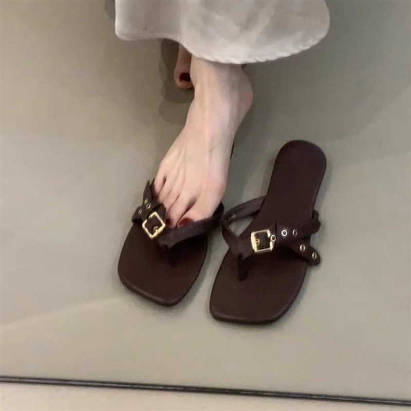 羊皮版~复古皮带扣人字拖外穿平底夹趾凉拖鞋女休闲海边沙滩拖鞋