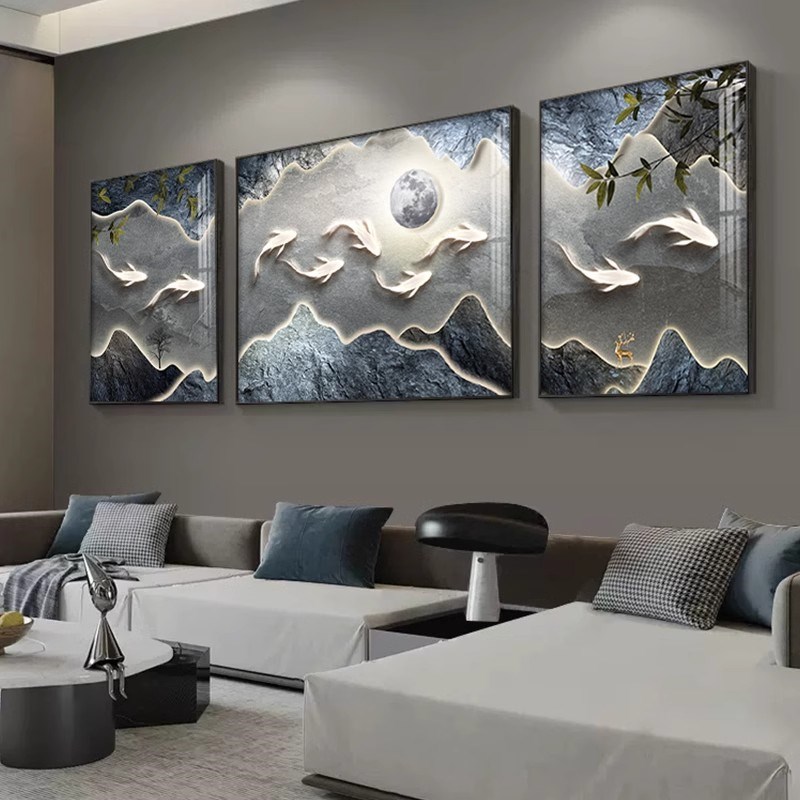 九鱼图客厅装饰画现代中式抽象山峰三联画轻奢墙画沙发背景墙壁画