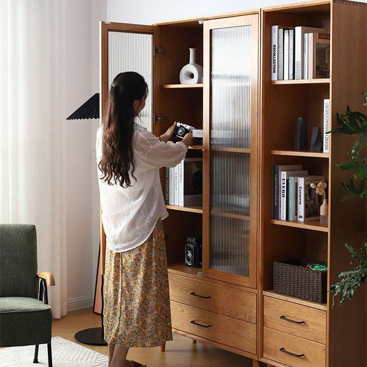 实木书柜组合北欧简约落地橡木书架带玻璃门家用樱桃木靠墙储物柜