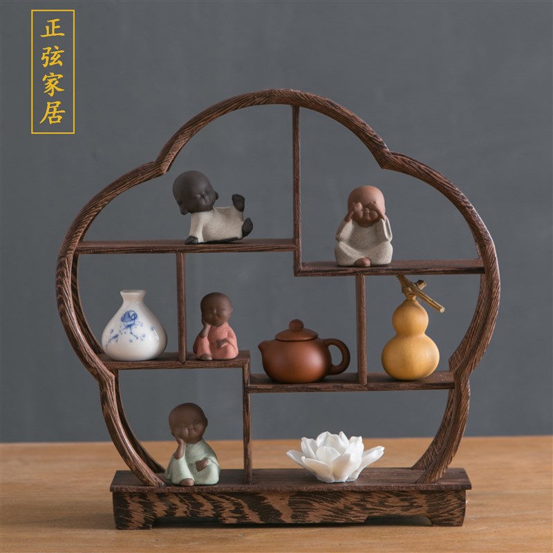 博古架摆件实木新中式小型茶桌客厅玄关装饰办公S室电视柜圆形书