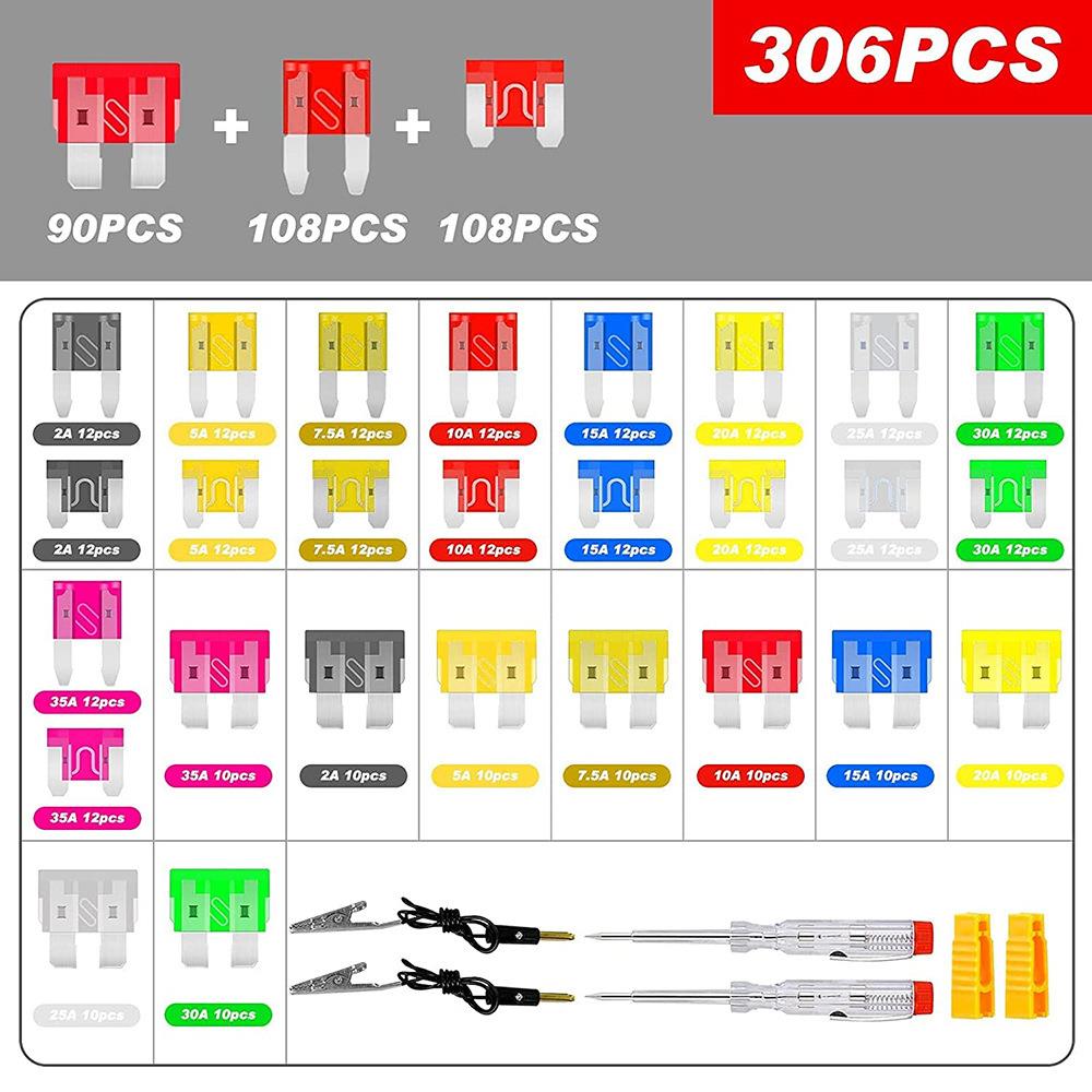 爆款 306PCS 汽车插片式保险丝锌质车用保险片熔断器＋试电笔工具