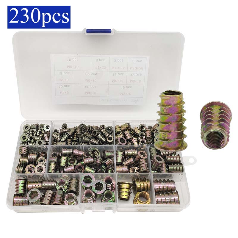 230pcs盒装内外牙家具螺母 M4M5M6M8M10镀彩锌内六角带介螺母组合