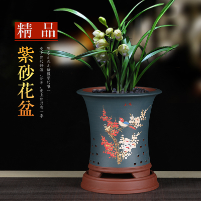 紫砂花盆陶瓷大号兰花盆吊兰花盆简约君子兰专用花盆托盘清仓包邮