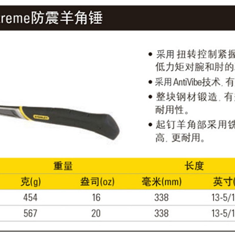 史丹利正品 防震羊角锤 450克 1磅 570G 1.25P 51-163 51-165