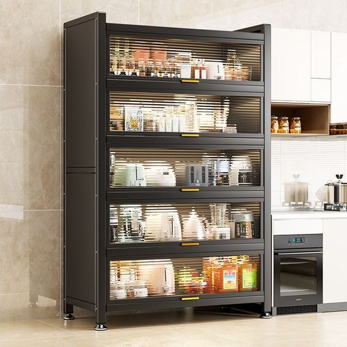 厨房置物架落地多层微波炉收纳架家用多功能储物柜上翻门防尘橱柜