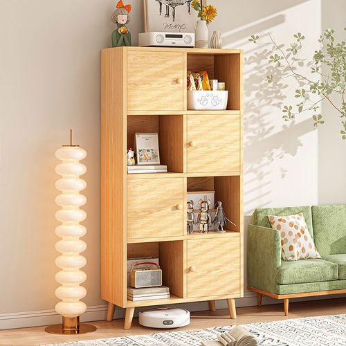书柜储物柜一体靠墙儿童书架落地置物架格子柜实木腿客厅储物柜子