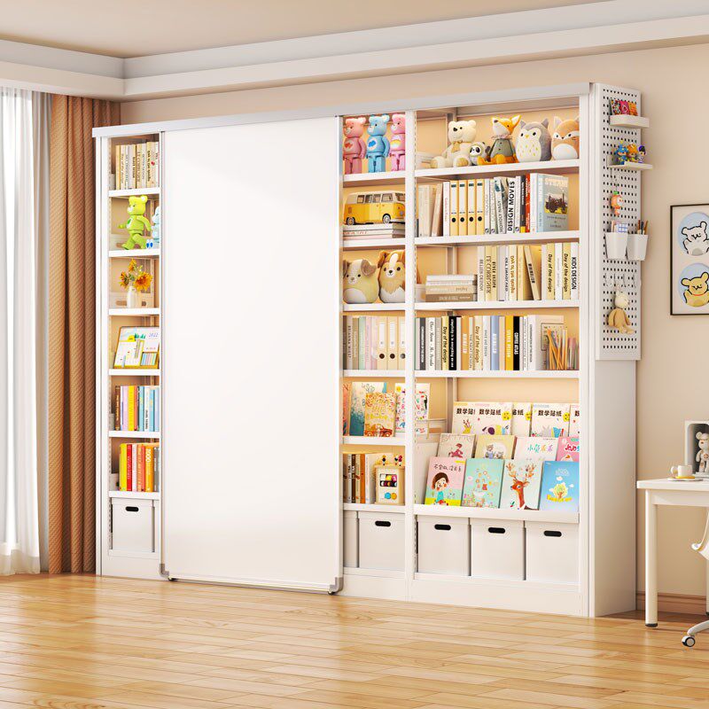 家用钢制图书馆书架儿童推拉白板门学习书柜多层一体靠墙收纳盒架