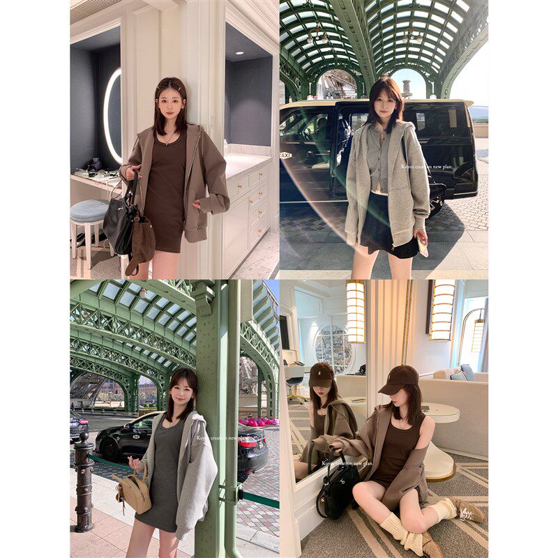 孔一粒 宽松连帽卫衣外套+修身内搭包臀背心裙两件套女春休闲套装