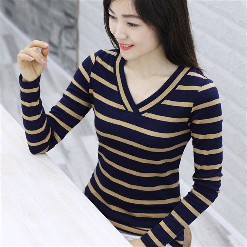 春秋蓝白条纹V领长袖女款T恤修身大码舒适秋衣外穿低领打底衫上衣