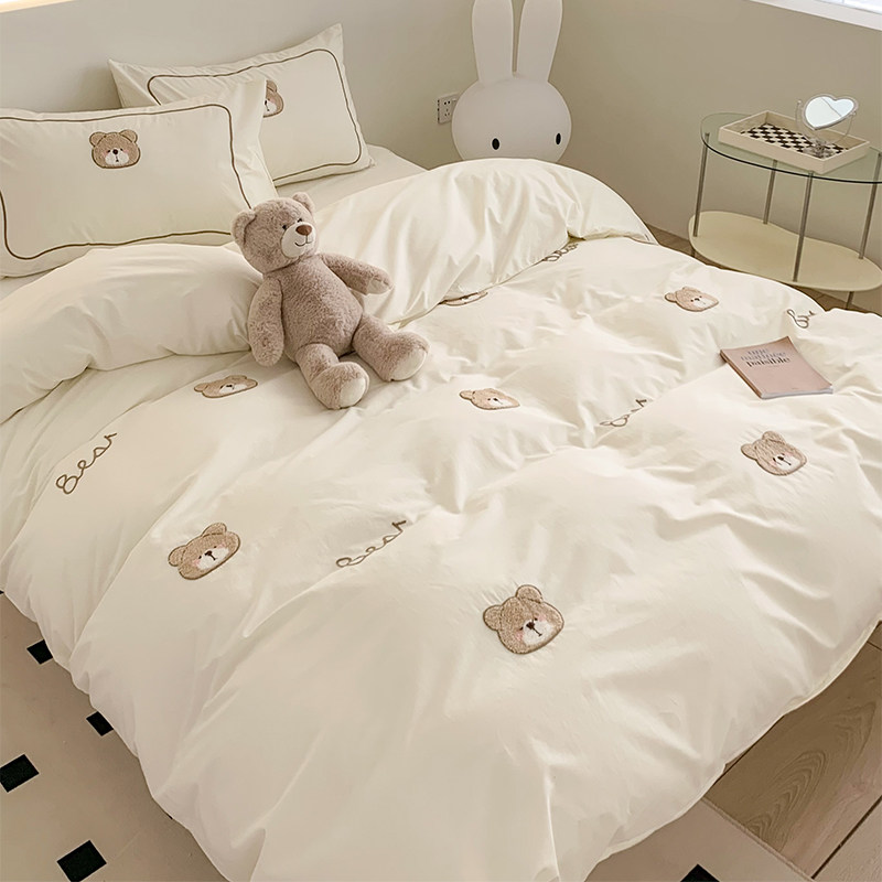 治癒系毛巾绣100全棉四件套奶白少女心被套水洗纯棉牀单可爱牀品4