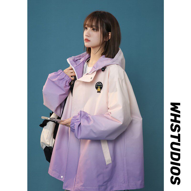 渐变色冲锋衣外套女春季胖mm大码200斤上衣显瘦学生宽松连帽夹克