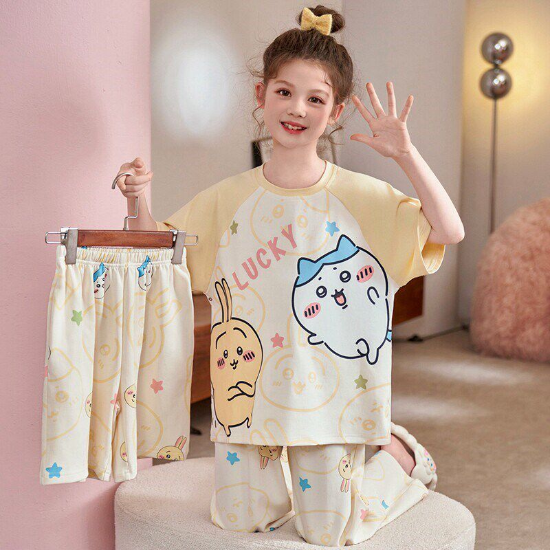 女童睡衣夏季薄款2025新款儿童春秋纯棉三件套短袖女孩大童家居服