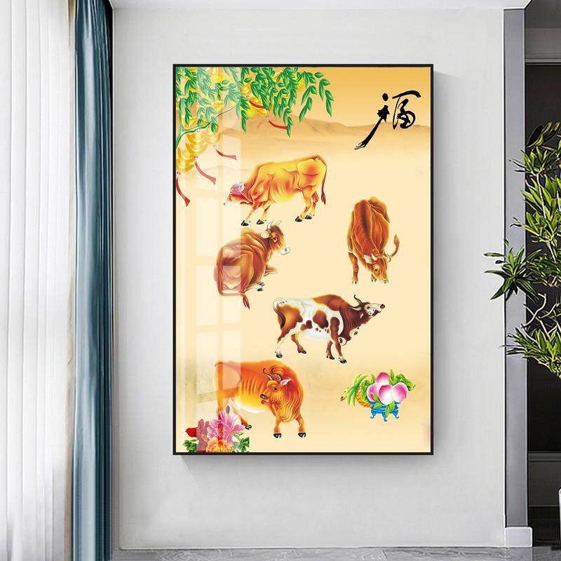 牛装饰画 国画i中式客厅玄关过道走廊挂画大黄牛墙壁画 五牛图挂