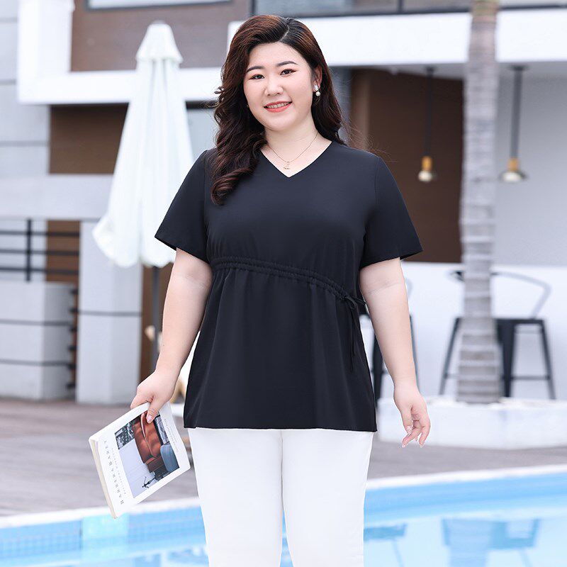 大码女装胖mm时尚V领雪纺短袖上衣宽松显瘦妈妈洋气百搭夏季T恤衫