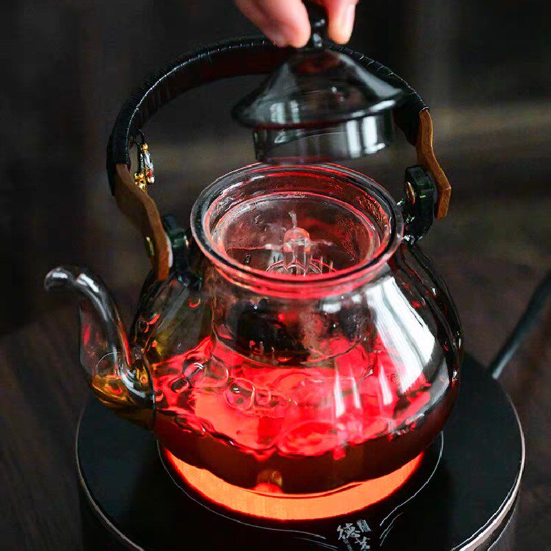 提梁壶耐热玻g璃透明蒸煮两用泡茶壶竹把手提梁壶带过滤内胆煮茶