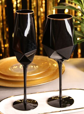 黑色金边水晶玻璃红酒杯高脚杯葡萄酒H杯样板间摆台香槟杯气泡酒