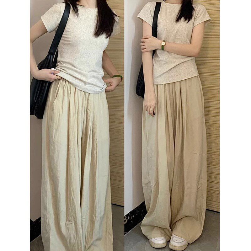 冰丝慵懒风阔腿裤女大码胖妹妹mm夏季薄款高腰宽松杏色休闲山本裤