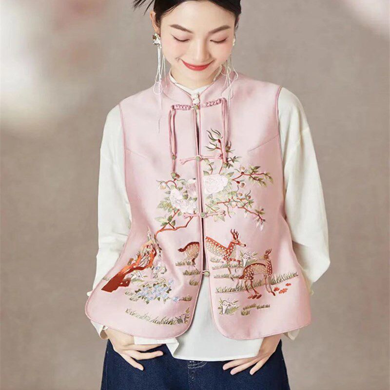 新中式国风粉色重工刺绣盘扣马甲女春款洋气显瘦高端唐装外穿背心