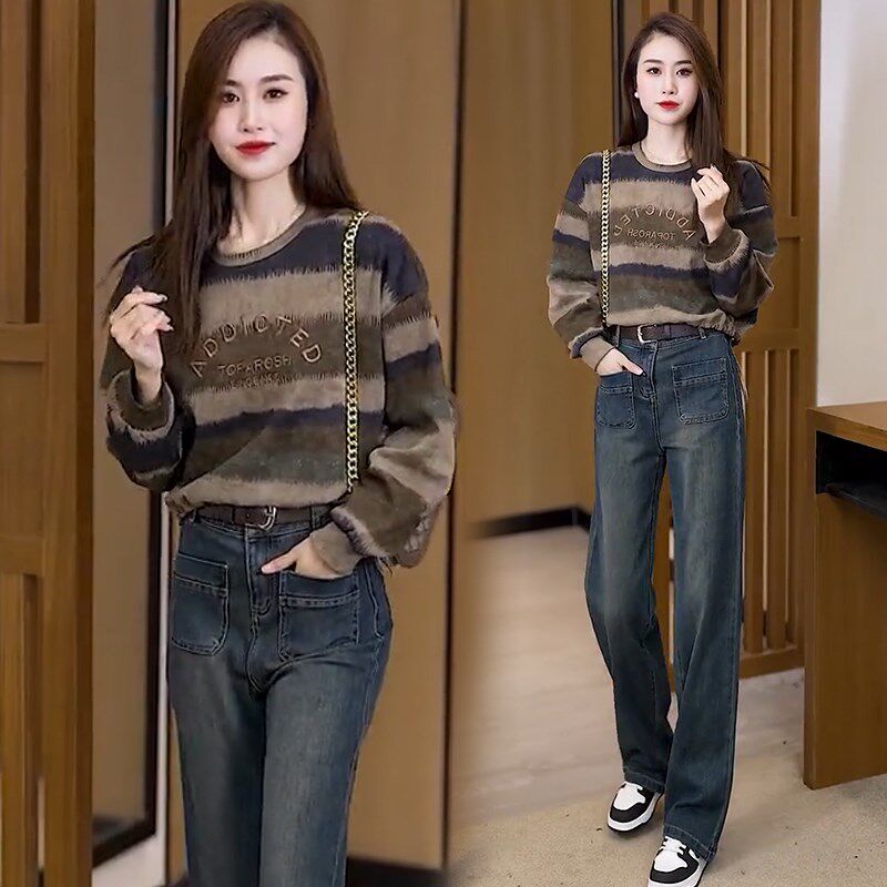 爆款牛仔套装女2024春装洋气长袖卫衣穿搭阔腿牛仔直筒裤子两件套