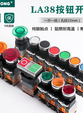 带灯按钮开关22mm 自锁 复位式圆形 防水 点动开关 平头 24V 220V