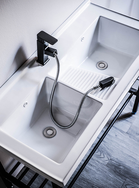 洗衣盆带搓衣板双盆 陶瓷家用大号1米长双槽盆阳台室外落地式台盆