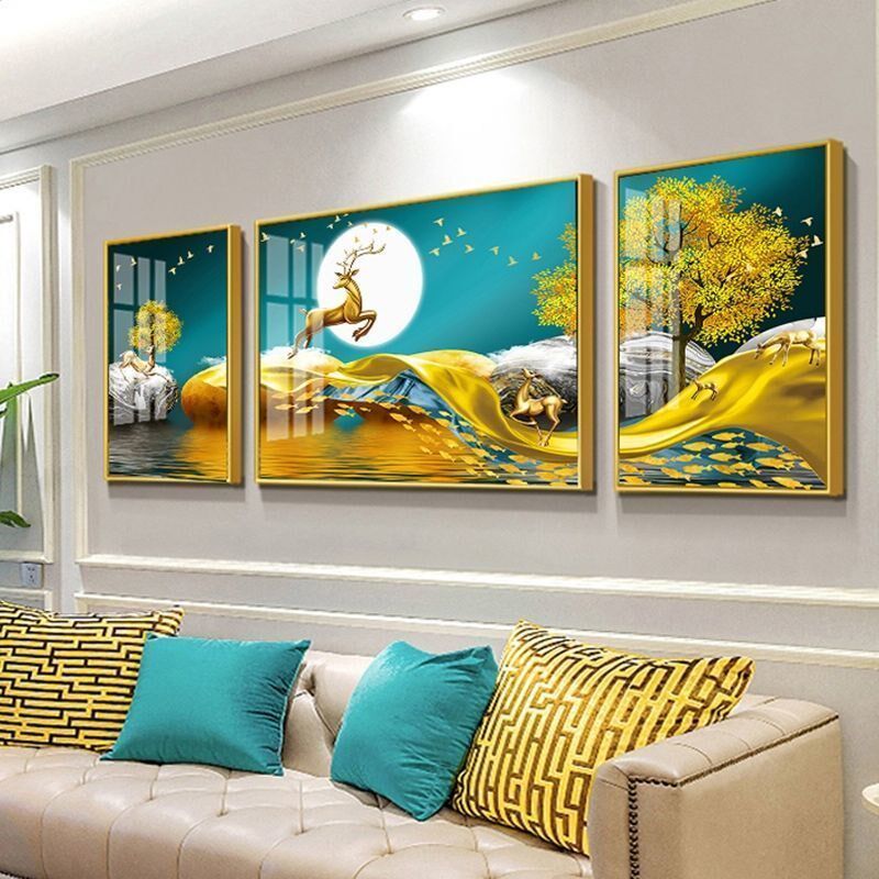 现代简约风免打孔客厅装饰u画沙发背景墙装饰画卧室床头挂画三连