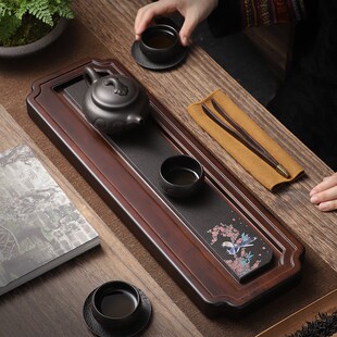 乌金石茶盘干泡台整块平板t排水蓄水干泡盘大小号茶台竹长方形茶