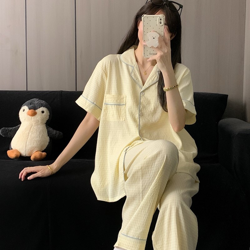 日系芝士奶黄格大码睡衣女春夏季短袖云朵纯棉纱甜美蓝边三件套装图片