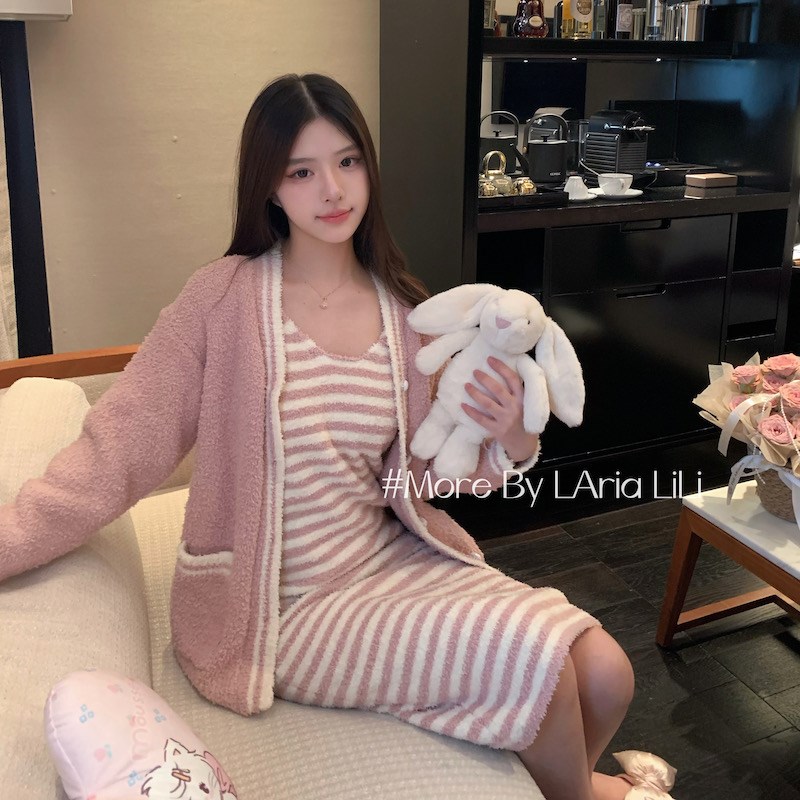 韩系佳人 半边绒睡裙女秋冬款2024新款加绒加厚冬季家居服睡衣女