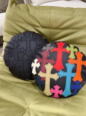 式风个012323美性十字绣花圆形皮抱枕家居客枕厅软装沙靠发枕腰垫