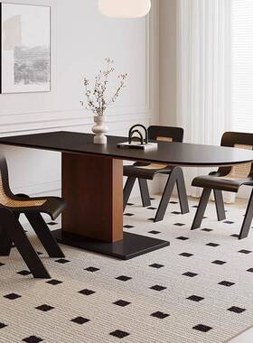 法式复古黑色岩板餐桌半靠椭圆家用小户型实吃饭SCR桌子木一桌四