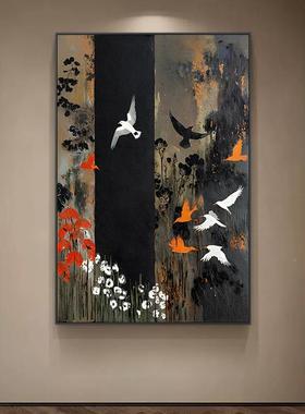 纯手绘大芬村风油画花鸟中古廊过道画水墨风客厅SQ06306装挂走饰