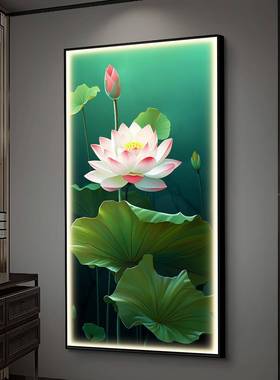 荷气生财走廊挂画玄关饰画简约客高镶钻带灯档过道ZH44242Z装厅荷