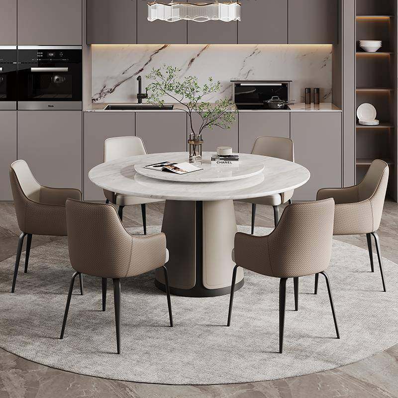 天然大理石圆形餐桌带盘2024815高意现式代简约家用小端户型大转