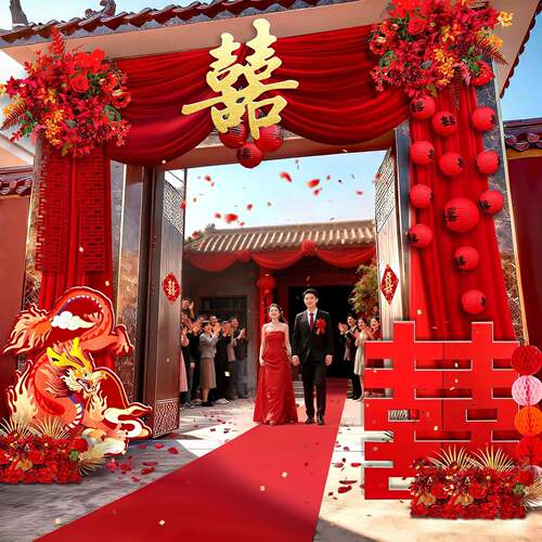 结婚拱门庭院大门墅装农饰村院子置别布幔F9978MJJ订婚喜字拉花红