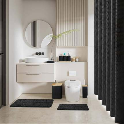 裕581非YUE4浴室2件套F带浴帘地垫浴套室装方条纹垃圾桶热销套件